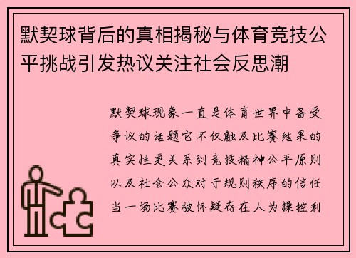 默契球背后的真相揭秘与体育竞技公平挑战引发热议关注社会反思潮
